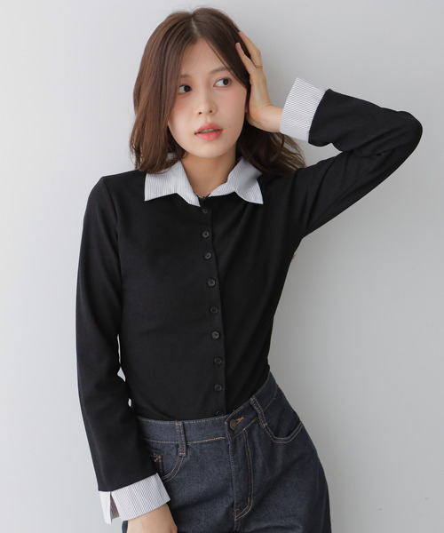 VIVID LADY（ビビッドレディー）の「シャツレイヤード風トップス（カーディガン/ボレロ・レディース・ブラック/ブラウン/ネイビー・FREE）」の17枚目の写真