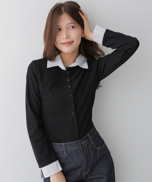 VIVID LADY（ビビッドレディー）の「シャツレイヤード風トップス（カーディガン/ボレロ・レディース・ブラック/ブラウン/ネイビー・FREE）」の18枚目の写真