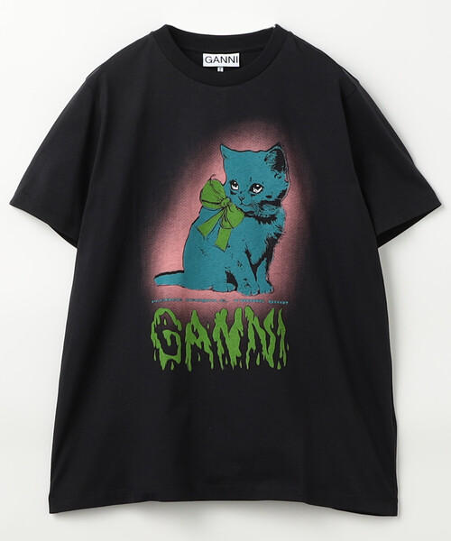 GANNI（ガニー）の「GANNI/ガニー Basic Cotton Jersey Neon Kitty / T4339 / T4340 / オーガニックコットン アニマルプリント 半袖Tシャツ（Tシャツ/カットソー・レディース・チャコールグレー/オフホワイト・SMALL）」の2枚目の写真