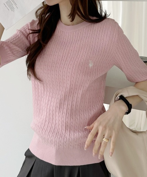 U.S. POLO ASSN.(ユーエスポロアッスン)の「【U.S. POLO ASSN.】クルーネック ケーブル ニット(ニット/セーター・レディース・ピンク/サックスブルー/ホワイト/ホワイト×ネイビー/ブラック×ホワイト/イエロー・M/L)」の13枚目の写真