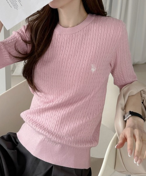 U.S. POLO ASSN.(ユーエスポロアッスン)の「【U.S. POLO ASSN.】クルーネック ケーブル ニット(ニット/セーター・レディース・ピンク/サックスブルー/ホワイト/ホワイト×ネイビー/ブラック×ホワイト/イエロー・M/L)」の12枚目の写真