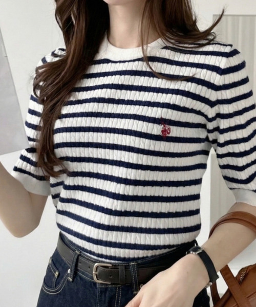 U.S. POLO ASSN.(ユーエスポロアッスン)の「【U.S. POLO ASSN.】クルーネック ケーブル ニット(ニット/セーター・レディース・ピンク/サックスブルー/ホワイト/ホワイト×ネイビー/ブラック×ホワイト/イエロー・M/L)」の9枚目の写真