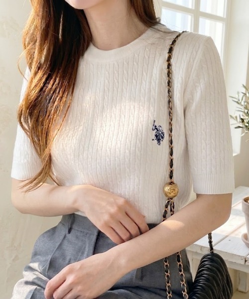 U.S. POLO ASSN.(ユーエスポロアッスン)の「【U.S. POLO ASSN.】クルーネック ケーブル ニット(ニット/セーター・レディース・ピンク/サックスブルー/ホワイト/ホワイト×ネイビー/ブラック×ホワイト/イエロー・M/L)」の7枚目の写真
