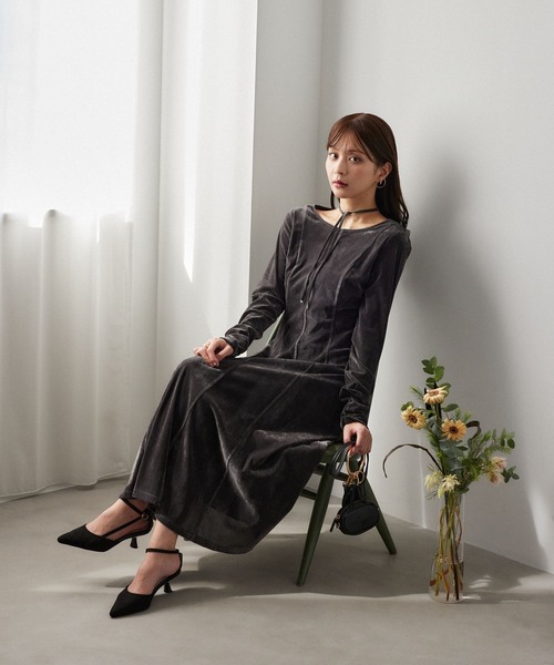 Andemiu(アンデミュウ)の「【沖田愛加さんコラボ/選べる着丈】ベロアキリカエラインワンピース621570(ワンピース・レディース・チャコールグレー/モカ・FREE/フリ-)」の10枚目の写真