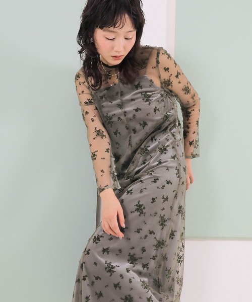 Kana（カナ）の「【kaene 別注カラー】フロッキーベロアチュールレース ２way Iラインワンピース ドレス パーティー 結婚式 お呼ばれ オケージョン（ドレス・レディース・ダークブラウン/カーキ/チャコールグレー・S）」の3枚目の写真