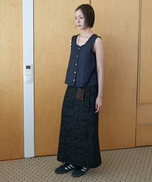 Tweed drawstring long skirt_BLACK