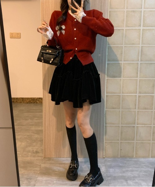 gossip!ロサンゼルス(ゴシップロサンゼルス)の「Y2K レースフリルヘムグリッターリボンニットカーデ(ニット/セーター・レディース・ワイン/ベージュ・M)」の12枚目の写真
