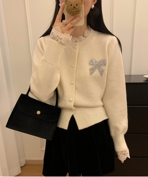 gossip!ロサンゼルス(ゴシップロサンゼルス)の「Y2K レースフリルヘムグリッターリボンニットカーデ(ニット/セーター・レディース・ワイン/ベージュ・M)」の18枚目の写真