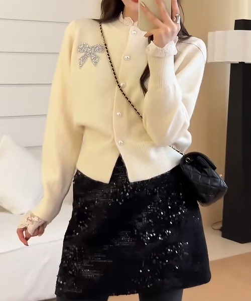 gossip!ロサンゼルス(ゴシップロサンゼルス)の「Y2K レースフリルヘムグリッターリボンニットカーデ(ニット/セーター・レディース・ワイン/ベージュ・M)」の20枚目の写真