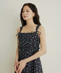 Flower pattern shirring mini dress - navy