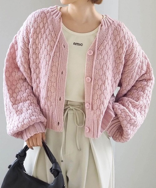 tiptop（ティップトップ）の「ポコポコ編前後2wayカーディガン（ニット/セーター・レディース・アイボリー/チャコールグレー/ピンク/イエロー・FREE）」の4枚目の写真