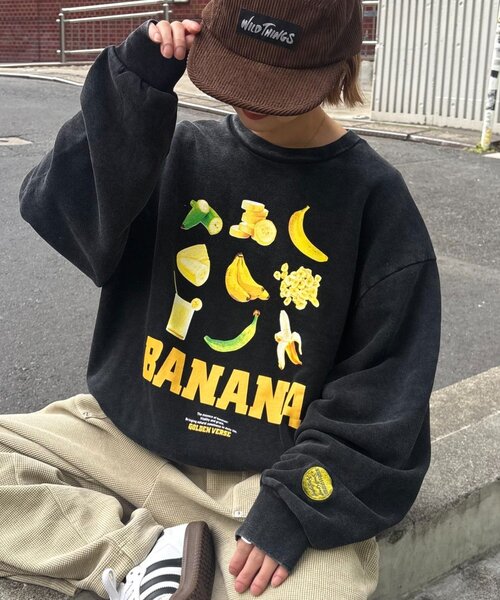 SOUNDSGOOOOD（サウンズグッド）の「【SOUNDS GOOOOD】ベジタブルプリントパウダー加工スウェット（スウェット・レディース・イエロー/ネイビー/ブラック・ONE SIZE）」の2枚目の写真
