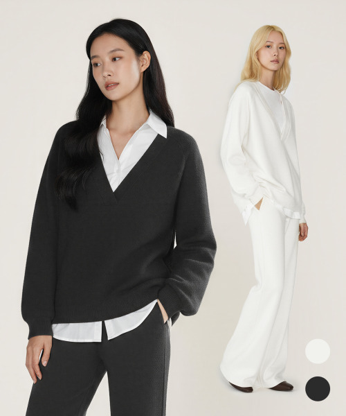 BUTTON SEOUL（ボタンソウル）の「[ウィメンズ] スリムラインVネックルーズトップ (2 COLORS)（ニット/セーター・レディース・ブラック/アイボリー・SMALL/MEDIUM/LARGE）」の3枚目の写真