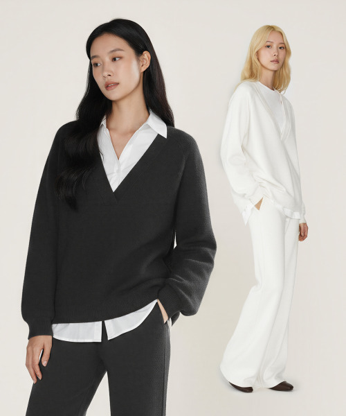 BUTTON SEOUL（ボタンソウル）の「[ウィメンズ] スリムラインVネックルーズトップ (2 COLORS)（ニット/セーター・レディース・ブラック/アイボリー・SMALL/MEDIUM/LARGE）」の5枚目の写真
