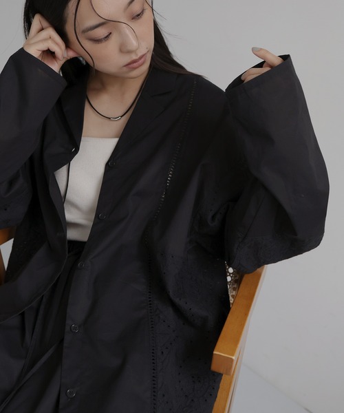 hellam（へラム）の「刺繍レースオープンカラーシャツ（シャツ/ブラウス・レディース・ブラック/ホワイト・FREE）」の9枚目の写真