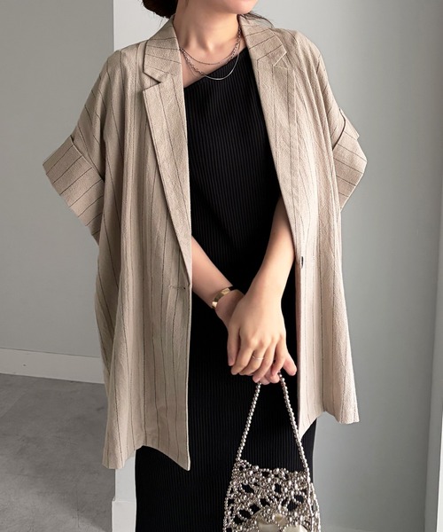 RANAN（ラナン）の「クレープジャカードハーフスリーブジャケット（テーラードジャケット・レディース・ブラック/チェック/ストライプ・LL/M/L）」の10枚目の写真