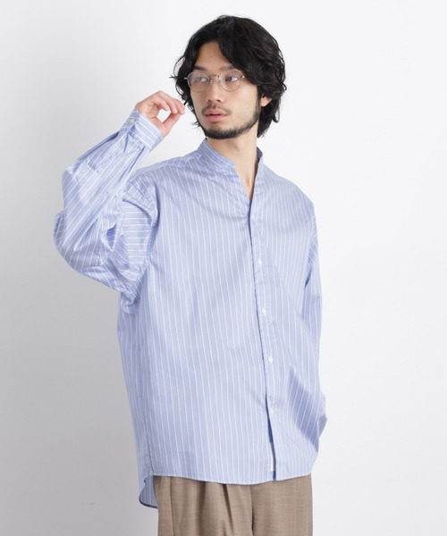 セール】｢OtoNANO｣大人のワイドシャツバンドカラー ストライプ 長袖