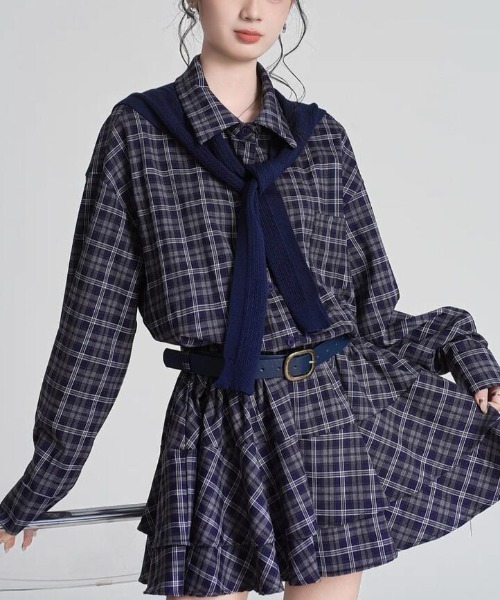 semplice(センプリチェ)の「チェック柄 ティアードワンピース(ワンピース・レディース・ネイビー/ブラック/ブラウン・F)」の16枚目の写真
