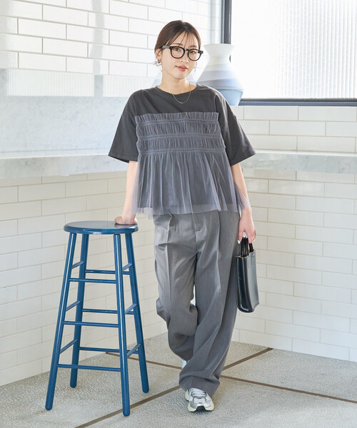 FREAK'S STORE(フリークスストア)の「限定展開 チュール フリル ドッキング 半袖 Tシャツ(Tシャツ/カットソー・レディース・チャコールグレー/ナチュラル/オフホワイト/ライトグレー/ブラック・フリ-)」の15枚目の写真