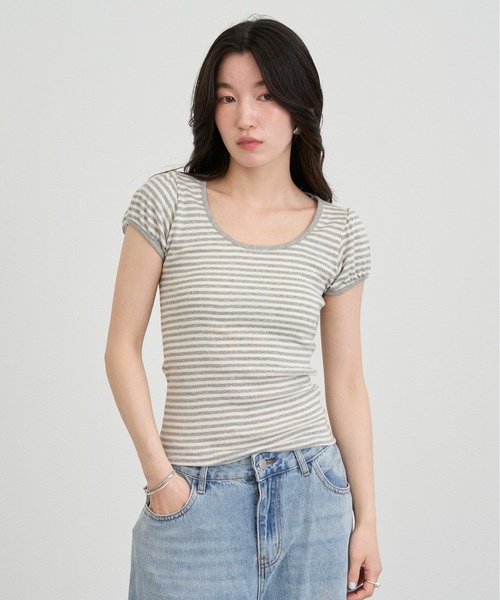 NUJOH(ヌゾ)の「Slim Border Short Sleeve Top / スリムボーダーショートスリーブトップ(Tシャツ/カットソー・レディース・グレー/ブラック・FREE)」の2枚目の写真