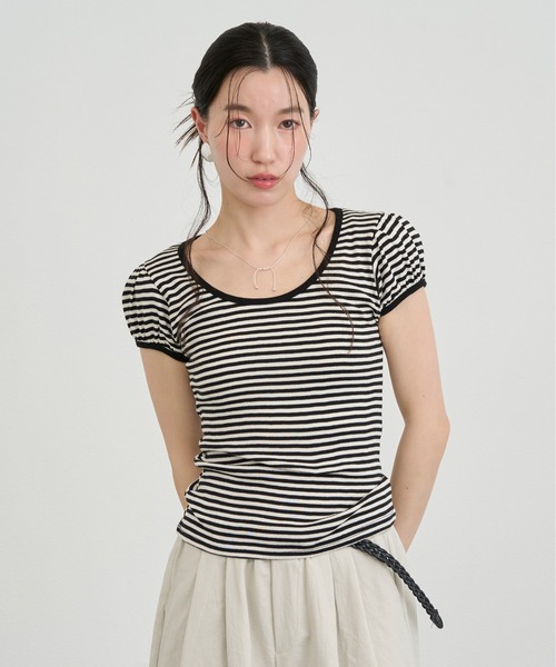 NUJOH(ヌゾ)の「Slim Border Short Sleeve Top / スリムボーダーショートスリーブトップ(Tシャツ/カットソー・レディース・グレー/ブラック・FREE)」の1枚目の写真