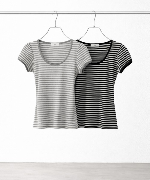 NUJOH(ヌゾ)の「Slim Border Short Sleeve Top / スリムボーダーショートスリーブトップ(Tシャツ/カットソー・レディース・グレー/ブラック・FREE)」の3枚目の写真