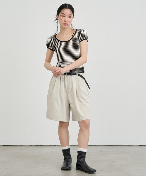 NUJOH(ヌゾ)の「Slim Border Short Sleeve Top / スリムボーダーショートスリーブトップ(Tシャツ/カットソー・レディース・グレー/ブラック・FREE)」の22枚目の写真