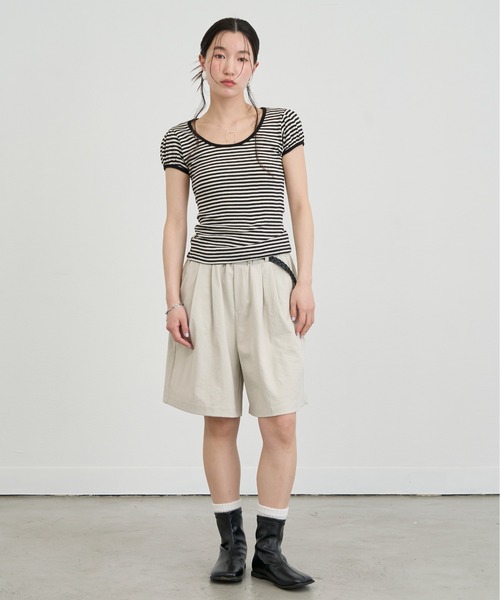 NUJOH(ヌゾ)の「Slim Border Short Sleeve Top / スリムボーダーショートスリーブトップ(Tシャツ/カットソー・レディース・グレー/ブラック・FREE)」の21枚目の写真