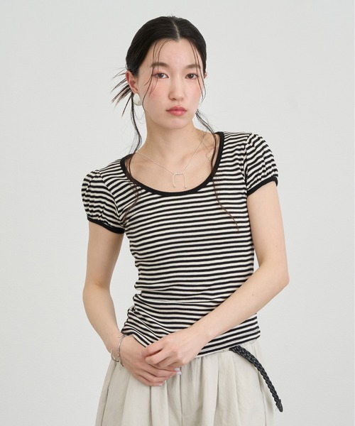 NUJOH(ヌゾ)の「Slim Border Short Sleeve Top / スリムボーダーショートスリーブトップ(Tシャツ/カットソー・レディース・グレー/ブラック・FREE)」の16枚目の写真
