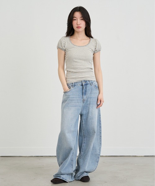 NUJOH(ヌゾ)の「Slim Border Short Sleeve Top / スリムボーダーショートスリーブトップ(Tシャツ/カットソー・レディース・グレー/ブラック・FREE)」の9枚目の写真