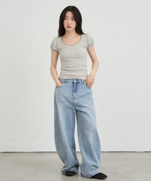 NUJOH(ヌゾ)の「Slim Border Short Sleeve Top / スリムボーダーショートスリーブトップ(Tシャツ/カットソー・レディース・グレー/ブラック・FREE)」の10枚目の写真