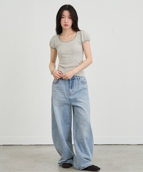NUJOH(ヌゾ)の「Slim Border Short Sleeve Top / スリムボーダーショートスリーブトップ(Tシャツ/カットソー・レディース・グレー/ブラック・FREE)」の11枚目の写真