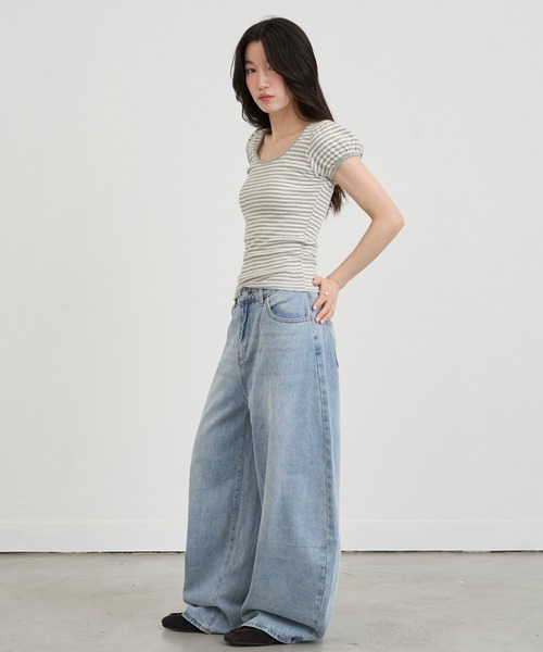 NUJOH(ヌゾ)の「Slim Border Short Sleeve Top / スリムボーダーショートスリーブトップ(Tシャツ/カットソー・レディース・グレー/ブラック・FREE)」の13枚目の写真