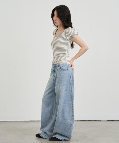 NUJOH(ヌゾ)の「Slim Border Short Sleeve Top / スリムボーダーショートスリーブトップ(Tシャツ/カットソー・レディース・グレー/ブラック・FREE)」の14枚目の写真