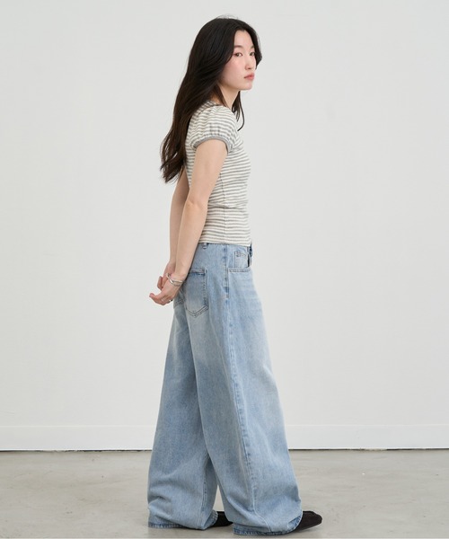 NUJOH(ヌゾ)の「Slim Border Short Sleeve Top / スリムボーダーショートスリーブトップ(Tシャツ/カットソー・レディース・グレー/ブラック・FREE)」の12枚目の写真