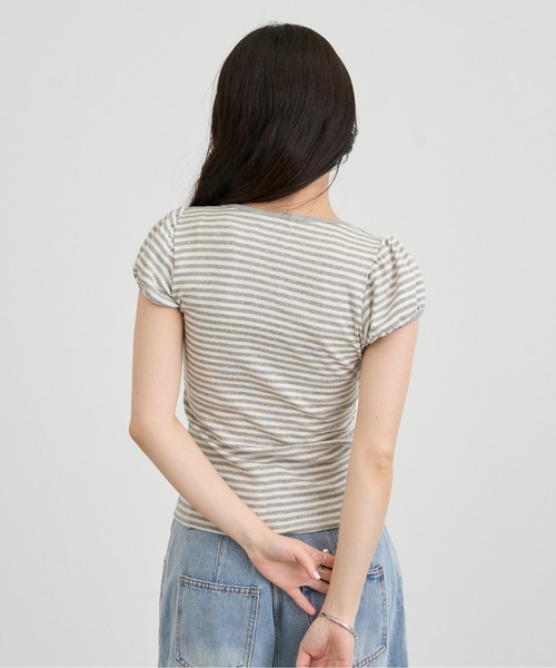 NUJOH(ヌゾ)の「Slim Border Short Sleeve Top / スリムボーダーショートスリーブトップ(Tシャツ/カットソー・レディース・グレー/ブラック・FREE)」の8枚目の写真
