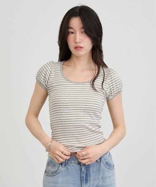 NUJOH(ヌゾ)の「Slim Border Short Sleeve Top / スリムボーダーショートスリーブトップ(Tシャツ/カットソー・レディース・グレー/ブラック・FREE)」の6枚目の写真
