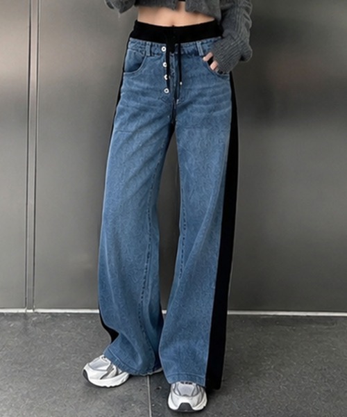 GLAMOROUS JANE(グラマラスジェーン)の「デニムサイドスウェット切替ワイドパンツ(デニムパンツ・レディース・ブラック/ブルー・FREE)」の3枚目の写真