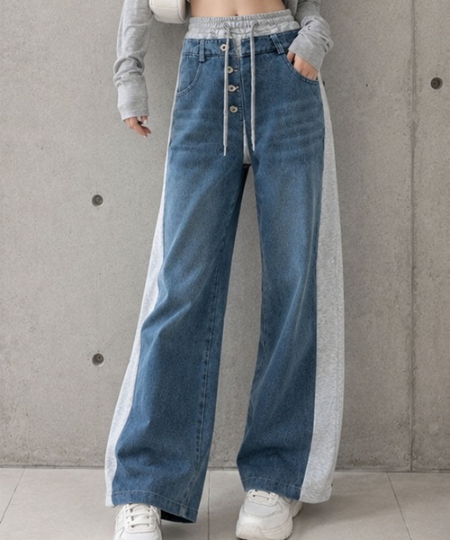 GLAMOROUS JANE(グラマラスジェーン)の「デニムサイドスウェット切替ワイドパンツ(デニムパンツ・レディース・ブラック/ブルー・FREE)」の6枚目の写真