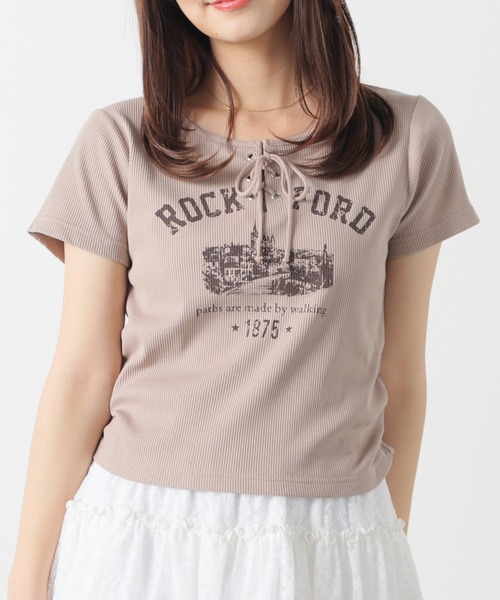 Honeys(ハニーズ)の「【ハニさら・接触冷感・UVカット】レースアップトップス(Tシャツ/カットソー・レディース・ボルドー/ベージュ/杢グレー/スミクロ・L/M/S)」の3枚目の写真