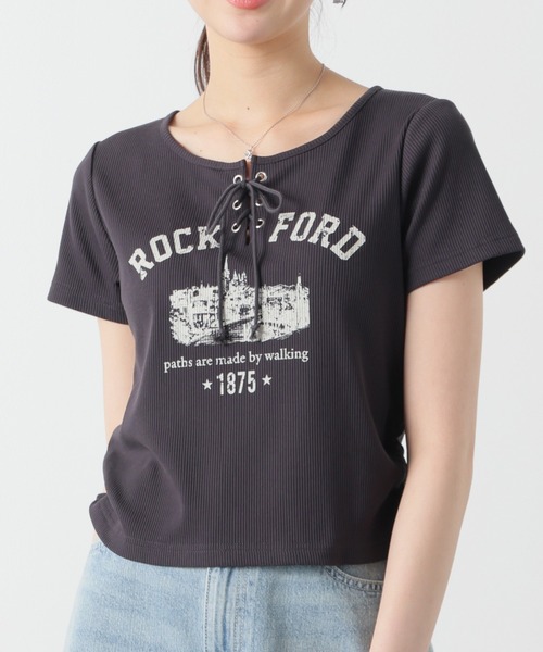 Honeys(ハニーズ)の「【ハニさら・接触冷感・UVカット】レースアップトップス(Tシャツ/カットソー・レディース・ボルドー/ベージュ/杢グレー/スミクロ・L/M/S)」の1枚目の写真