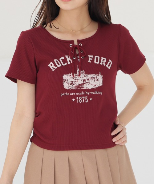 Honeys(ハニーズ)の「【ハニさら・接触冷感・UVカット】レースアップトップス(Tシャツ/カットソー・レディース・ボルドー/ベージュ/杢グレー/スミクロ・L/M/S)」の4枚目の写真