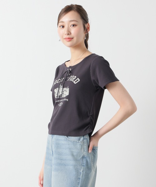 Honeys(ハニーズ)の「【ハニさら・接触冷感・UVカット】レースアップトップス(Tシャツ/カットソー・レディース・ボルドー/ベージュ/杢グレー/スミクロ・L/M/S)」の19枚目の写真