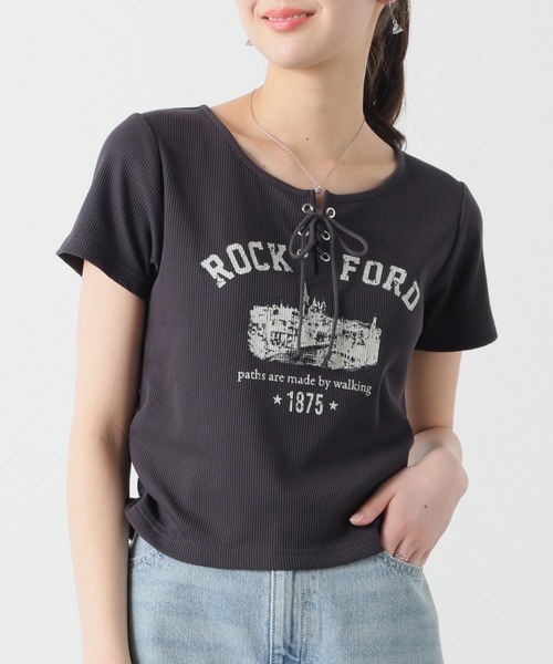 Honeys(ハニーズ)の「【ハニさら・接触冷感・UVカット】レースアップトップス(Tシャツ/カットソー・レディース・ボルドー/ベージュ/杢グレー/スミクロ・L/M/S)」の20枚目の写真