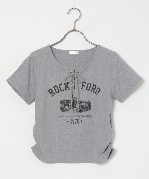 Honeys(ハニーズ)の「【ハニさら・接触冷感・UVカット】レースアップトップス(Tシャツ/カットソー・レディース・ボルドー/ベージュ/杢グレー/スミクロ・L/M/S)」の6枚目の写真