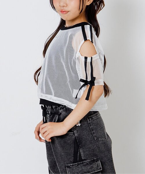 algy(アルジー)の「メッシュ肩あきラインT半袖Tシャツ&タンクトップセット(その他トップス・キッズ・サックスブルー/ブラック/オフホワイト・150/140/130/160)」の2枚目の写真