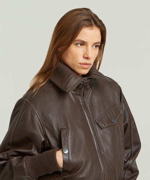 G-STAR(ジースター)の「High Collar Leather Jacket/ハイカラージップアップレザーブルゾン(ブルゾン・レディース・ブラウン系その他・MEDIUM/X-SMALL)」の4枚目の写真