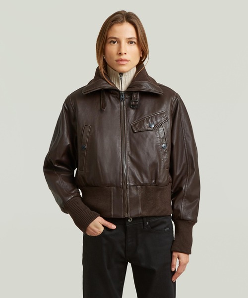 G-STAR(ジースター)の「High Collar Leather Jacket/ハイカラージップアップレザーブルゾン(ブルゾン・レディース・ブラウン系その他・MEDIUM/X-SMALL)」の2枚目の写真