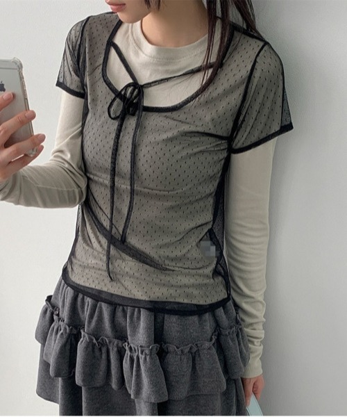 B.I.D.(ビーアイディー)の「《ドットシアーレイヤードカットソー 半袖 Y2K コードリボン(MA/EK162)(Tシャツ/カットソー・レディース・ブラック/ホワイト・FREE)」の7枚目の写真