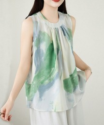 水彩プリントノースリーブシフォンブラウス